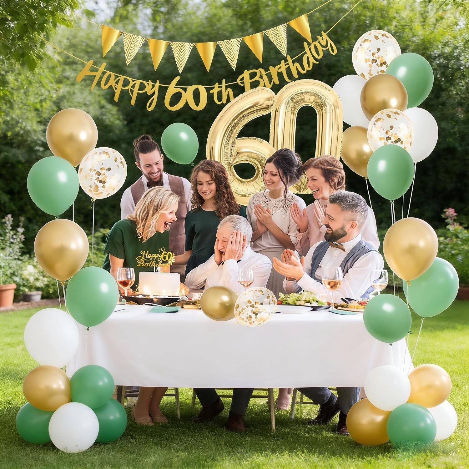 Detalle de Saga Green 60th Birthday Decorations Set – Sage Green, White & Gold Party Kit