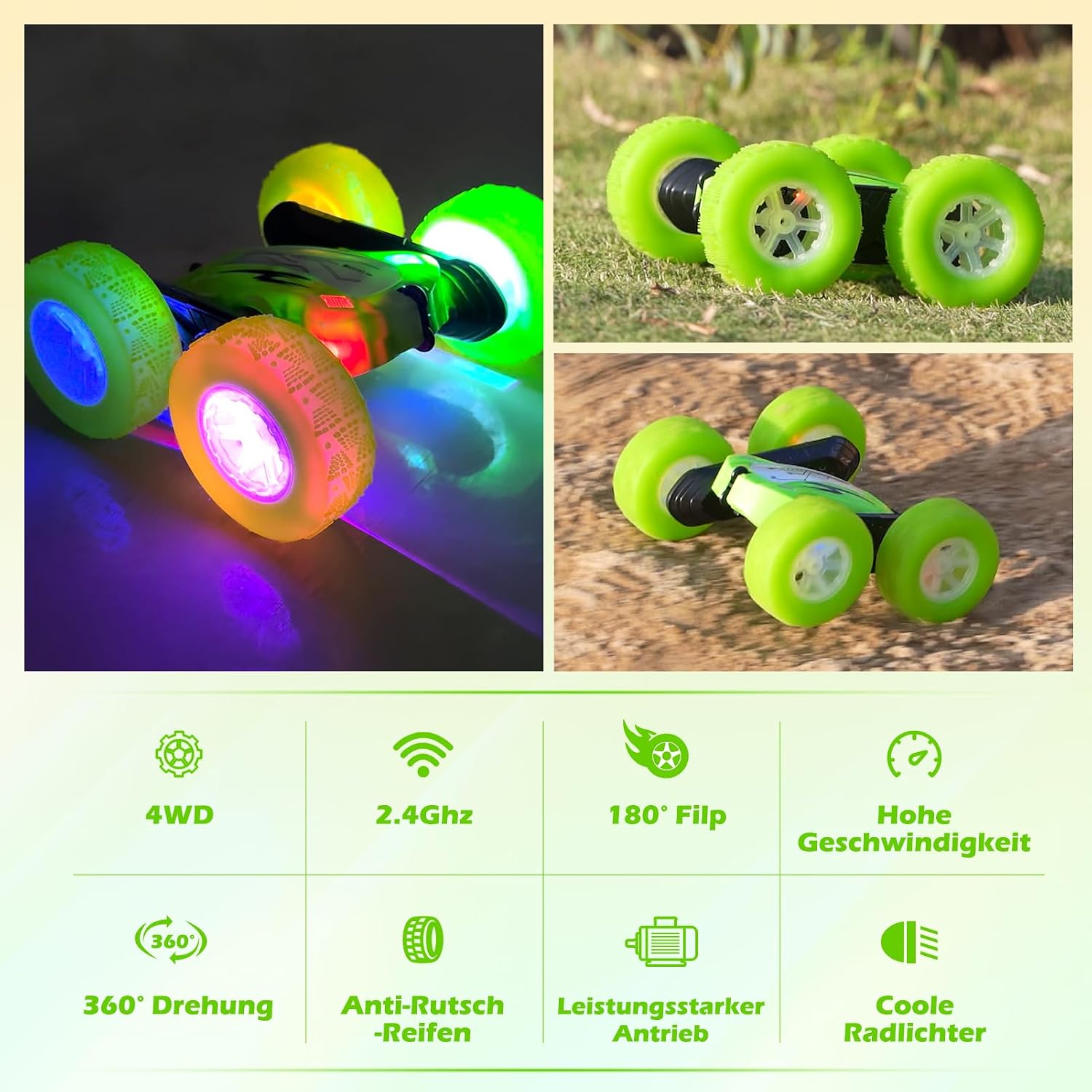 Thumbnail 3 de Rodzon Ferngesteuertes Auto 4WD Grün – RC Car mit LED-Lichtern, 2,4 GHz, 360° Flip, für Kinder ab 6–9+ Jahren