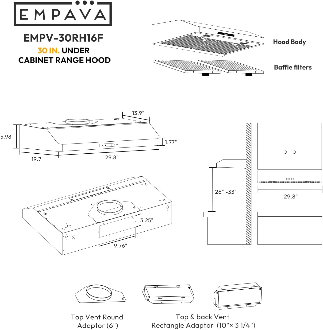 Detalle 2 de Empava 30-Inch Under-Cabinet Range Hood, 300 CFM, 3-Speed Touch Control