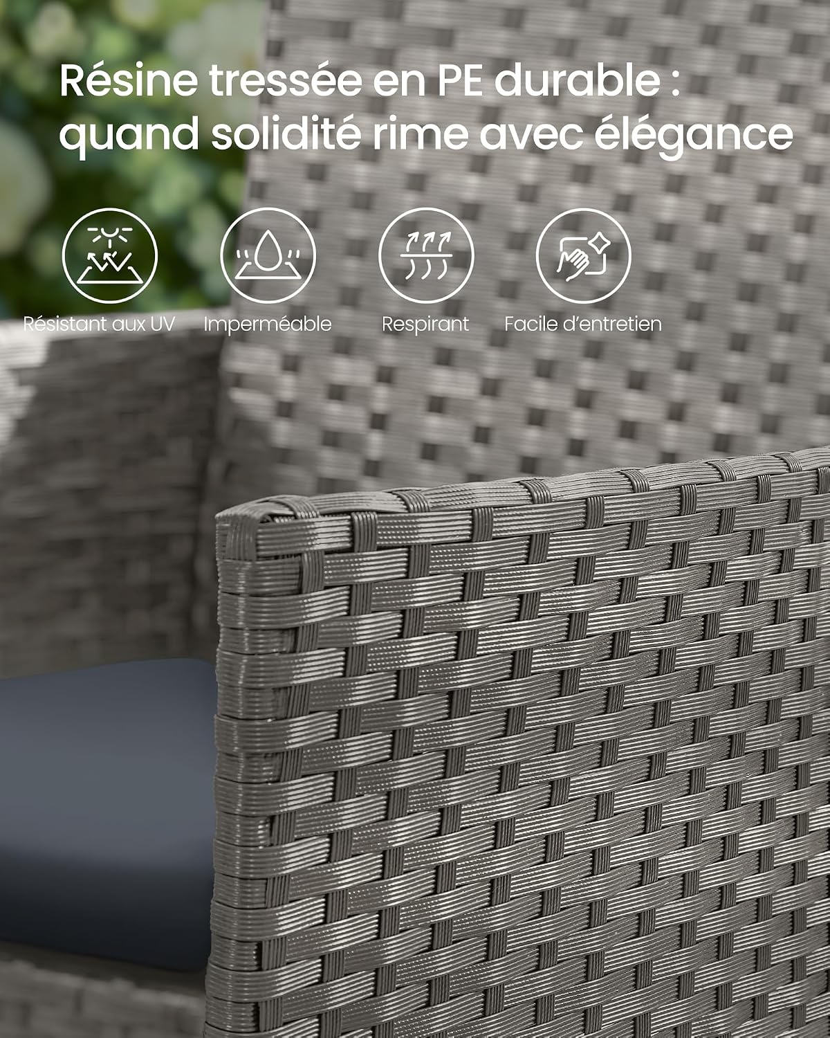 Detalle de SONGMICS Salon de jardin extérieur 4 places en résine tressée PE (GGF004TZ01) : 1 table, 2 fauteuils et banquette 2 places