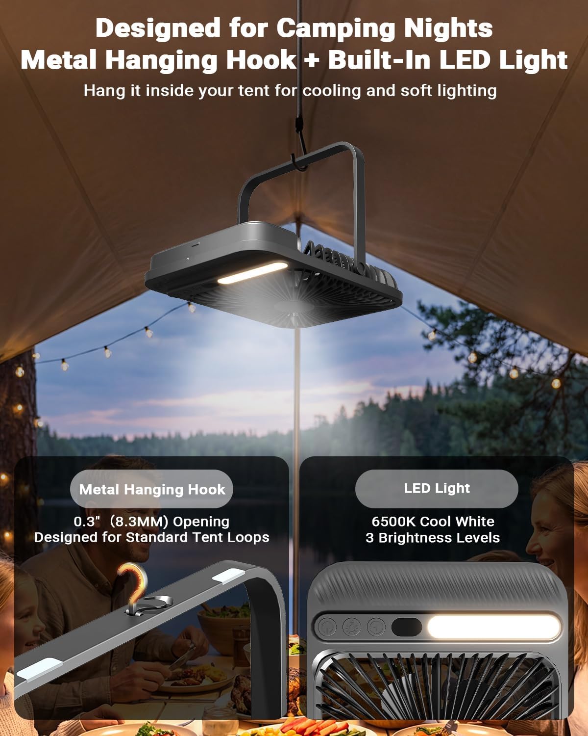 Thumbnail 4 de 7 Inch Portable Travel Fan with Light, 28H Runtime & 4 Speeds (42dB, Timer, 180° Tilt)