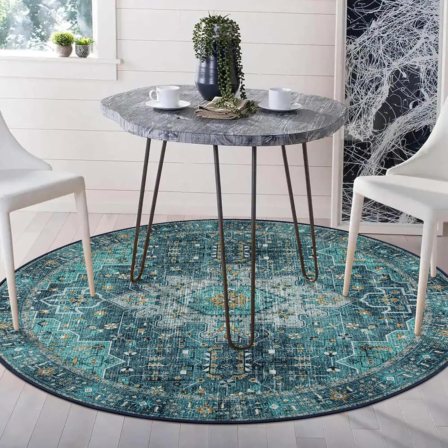 Thumbnail 6 de Moynesa Ultra-Thin 4 ft Round Area Rug, Teal Oriental Floral, Washable Low-Pile