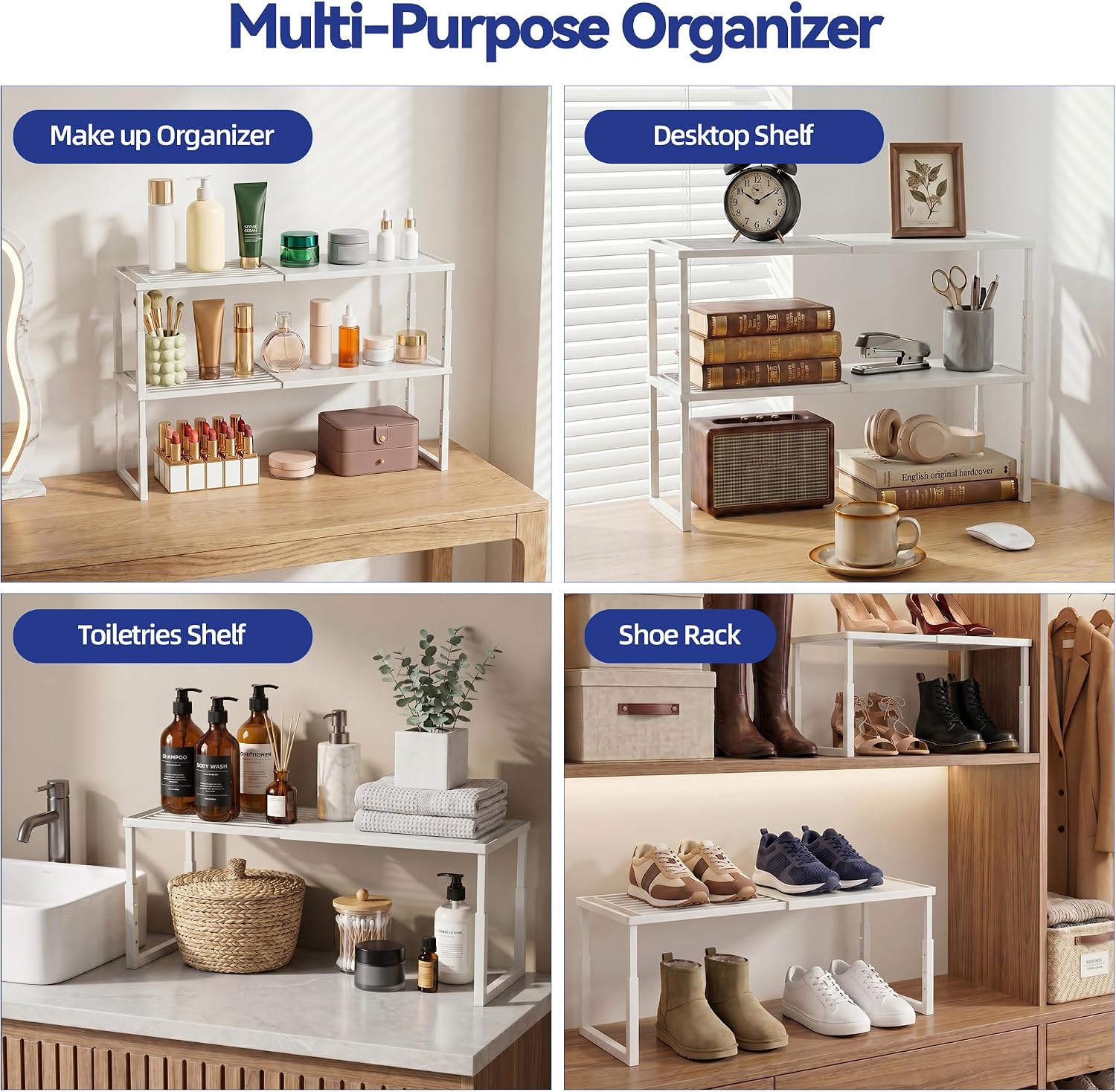Detalle de Roidsed 1234-1 Expandable Cabinet Shelf Organizer, Stackable White Metal Rack
