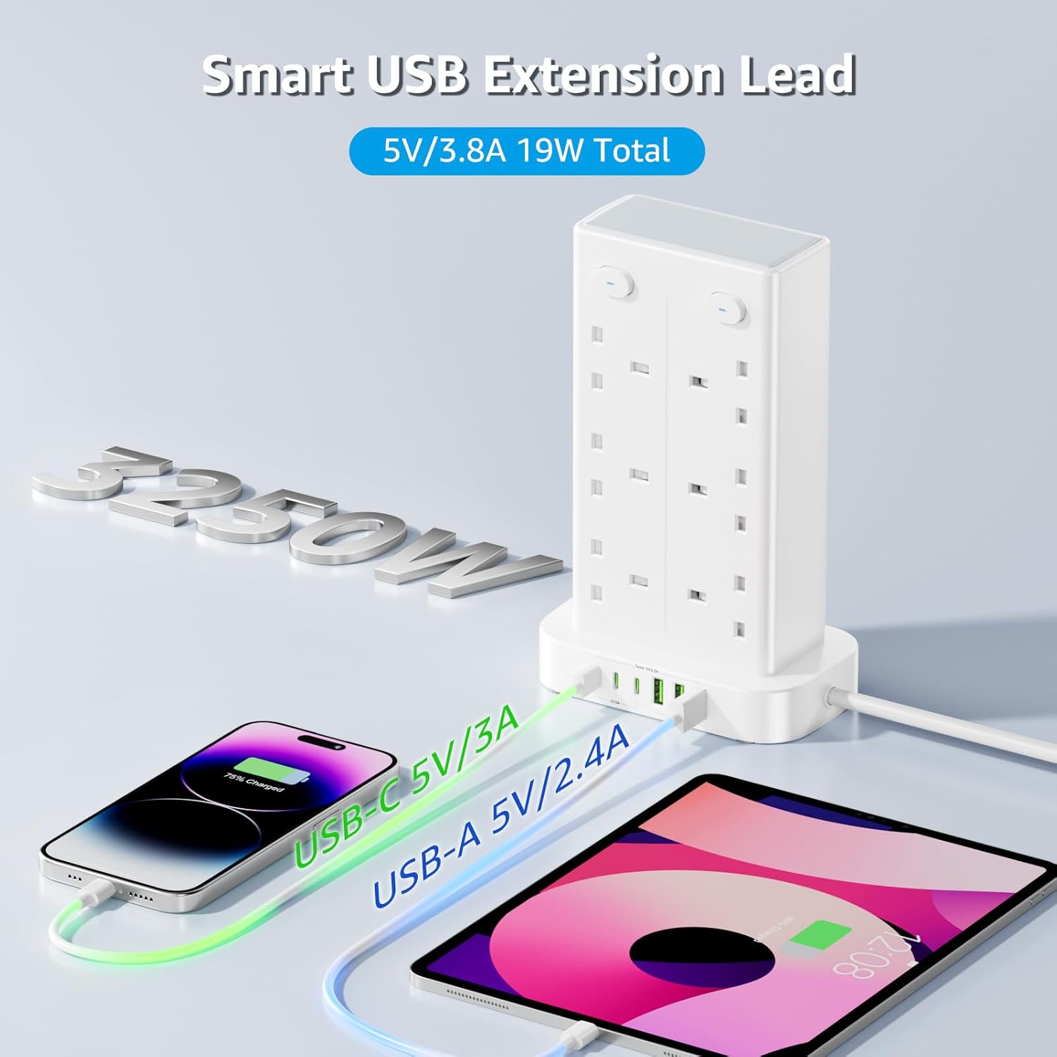 Thumbnail 2 de 3M Tower Extension Lead with USB Slots 12-Way