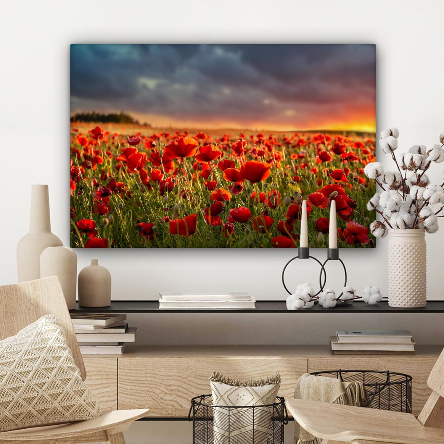 Thumbnail 4 de Impressions sur toile MuchoWow 90x60 cm – Coquelicots rouges, coucher de soleil, décoration murale