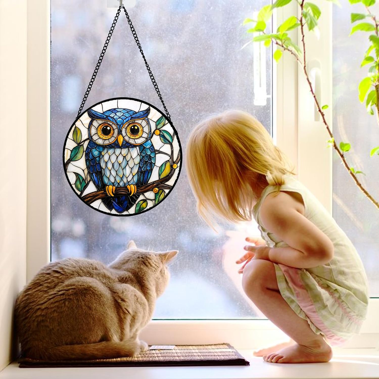 Detalle de Stained Glass Owl Suncatcher 7.8-Inch