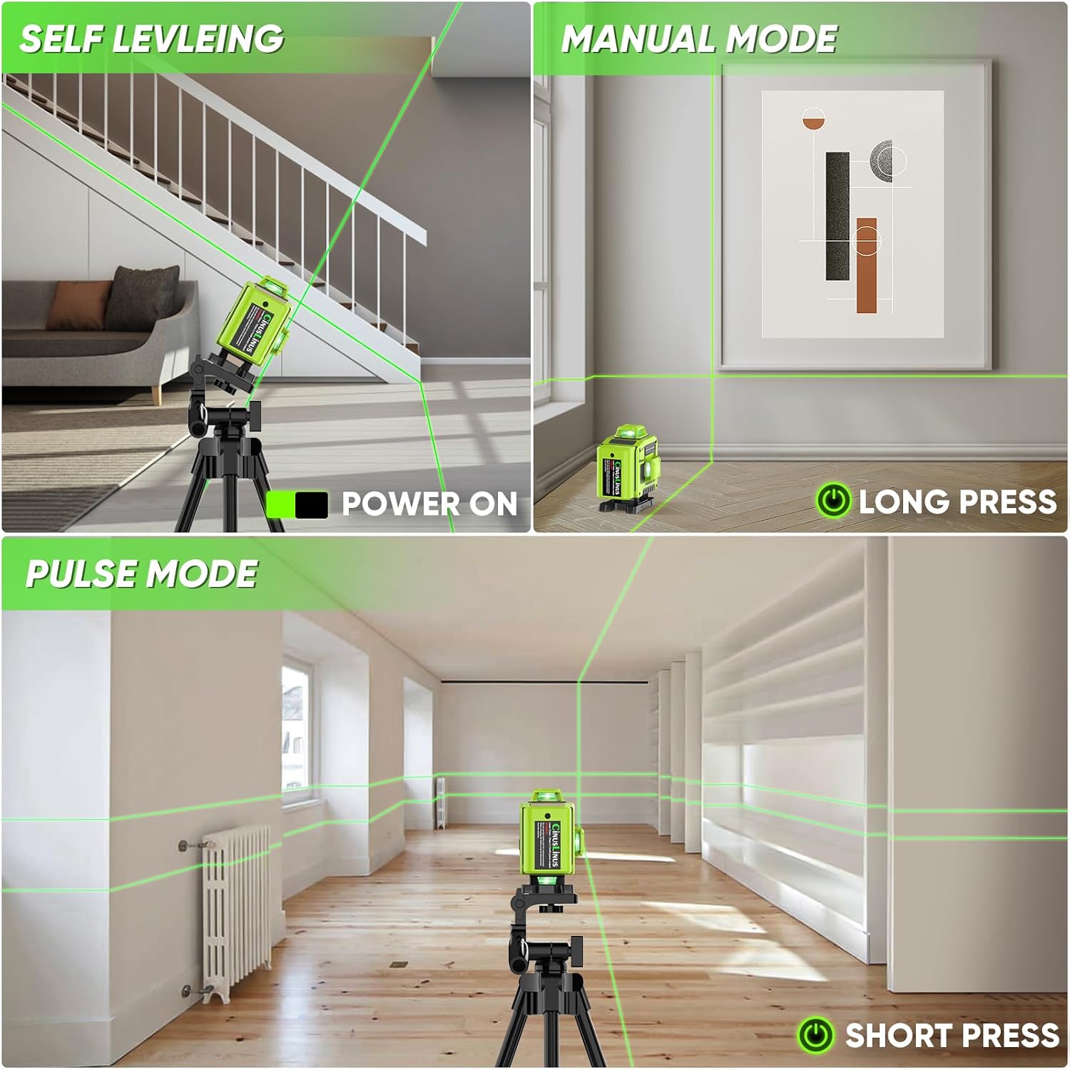 Detalle 2 de CinusLinus 360-12 4×360° Green Laser Level with Tripod, Self-Leveling