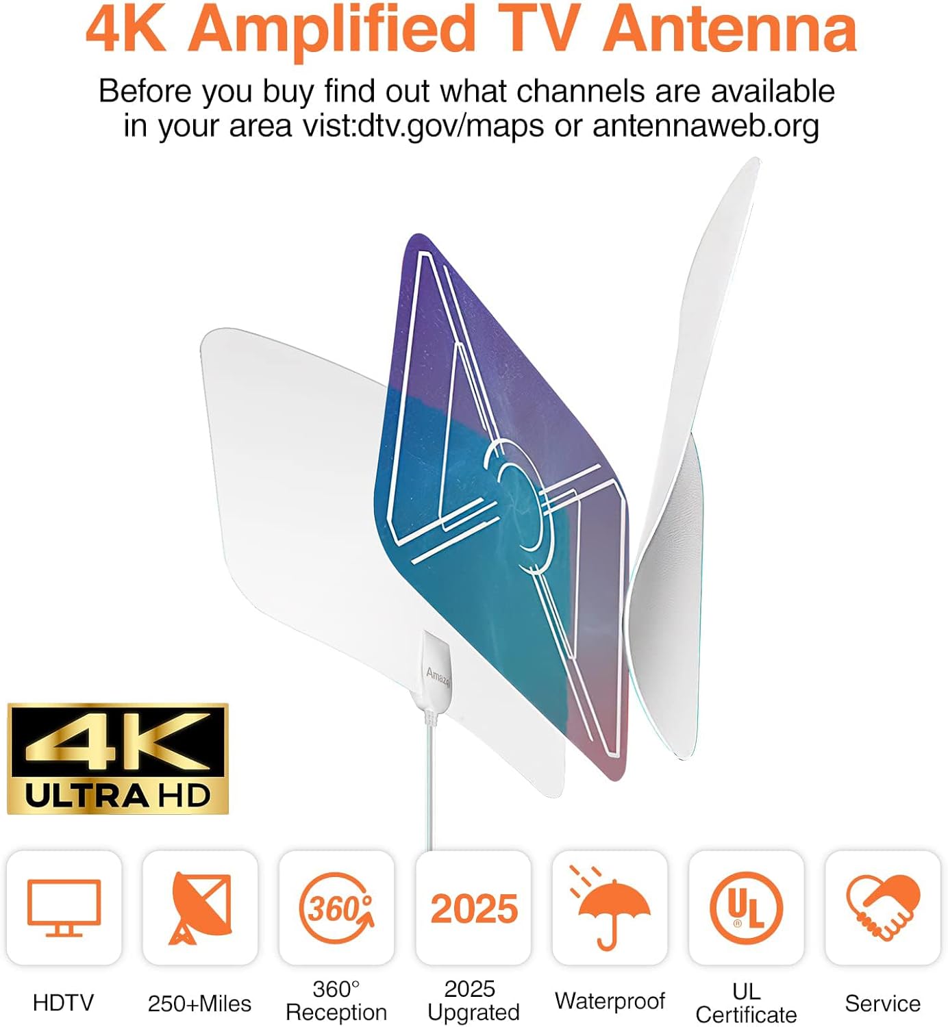Thumbnail 1 de Amazqi TV Aerial Indoor 250+ Miles Long Range (Freeview, 4K) with Signal Booster and 5m Cable – White