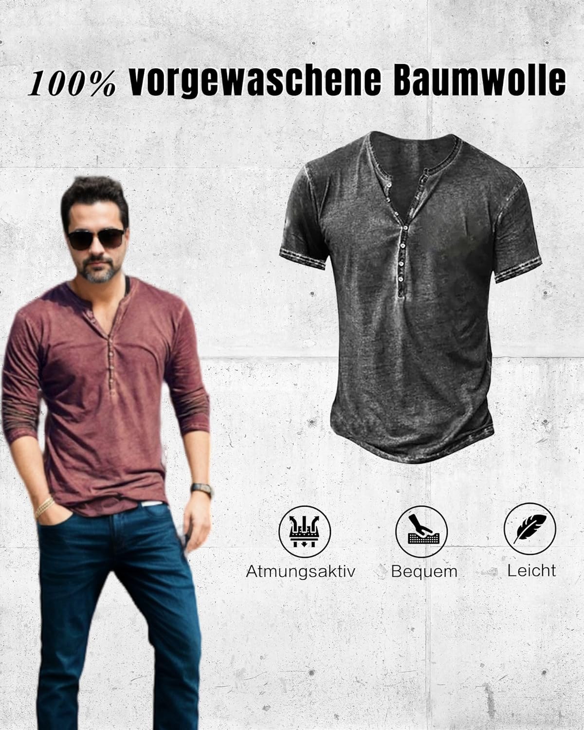 Thumbnail 2 de NEMXCE Hemd Herren Vintage Henley Shirt – Kurzarm/ Langarm, Slim Fit, V-Ausschnitt