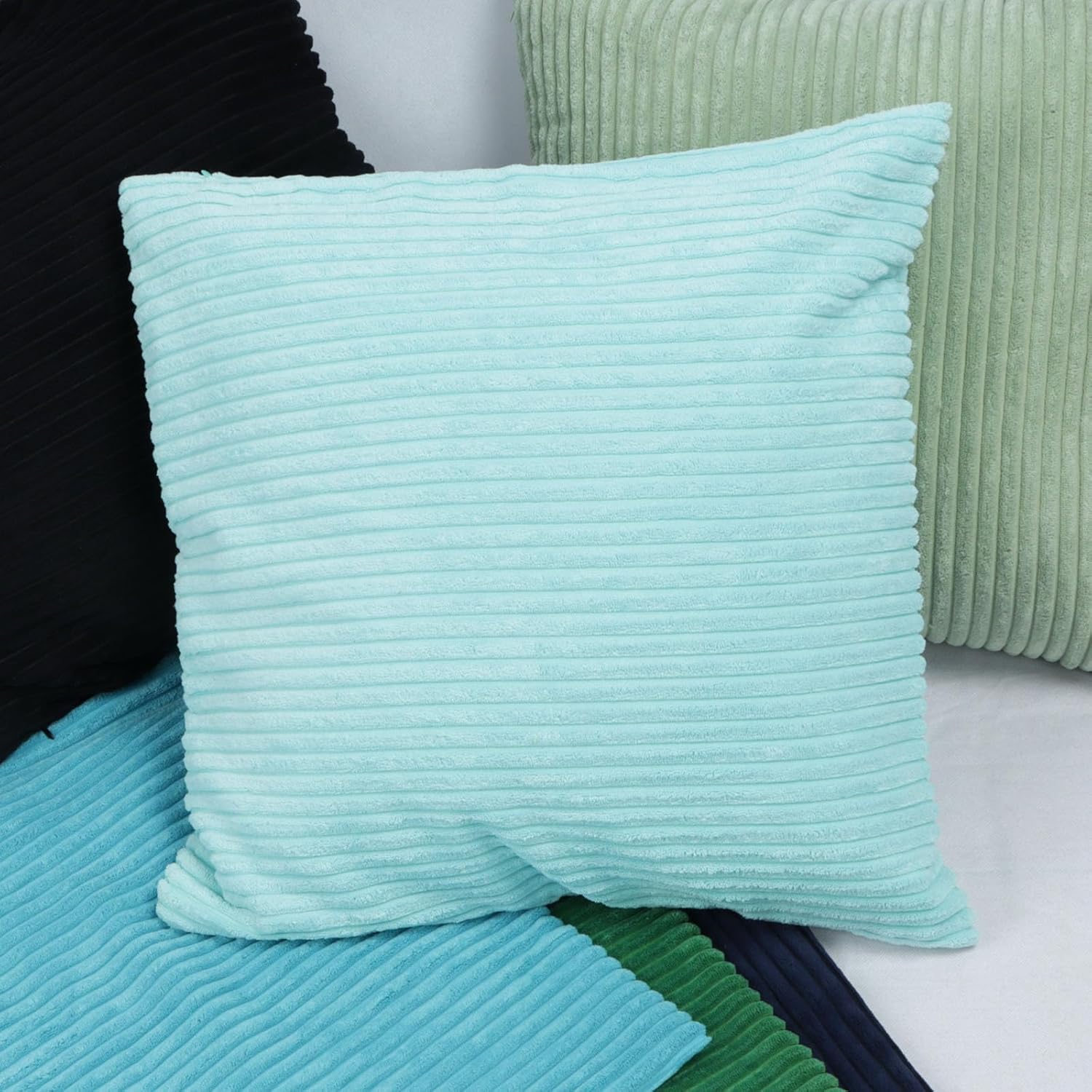 Thumbnail 2 de Betadistor Set of 2 Decorative Corduroy Cushion Covers 18x18 Inches (45cm x 45cm) in Sky Blue