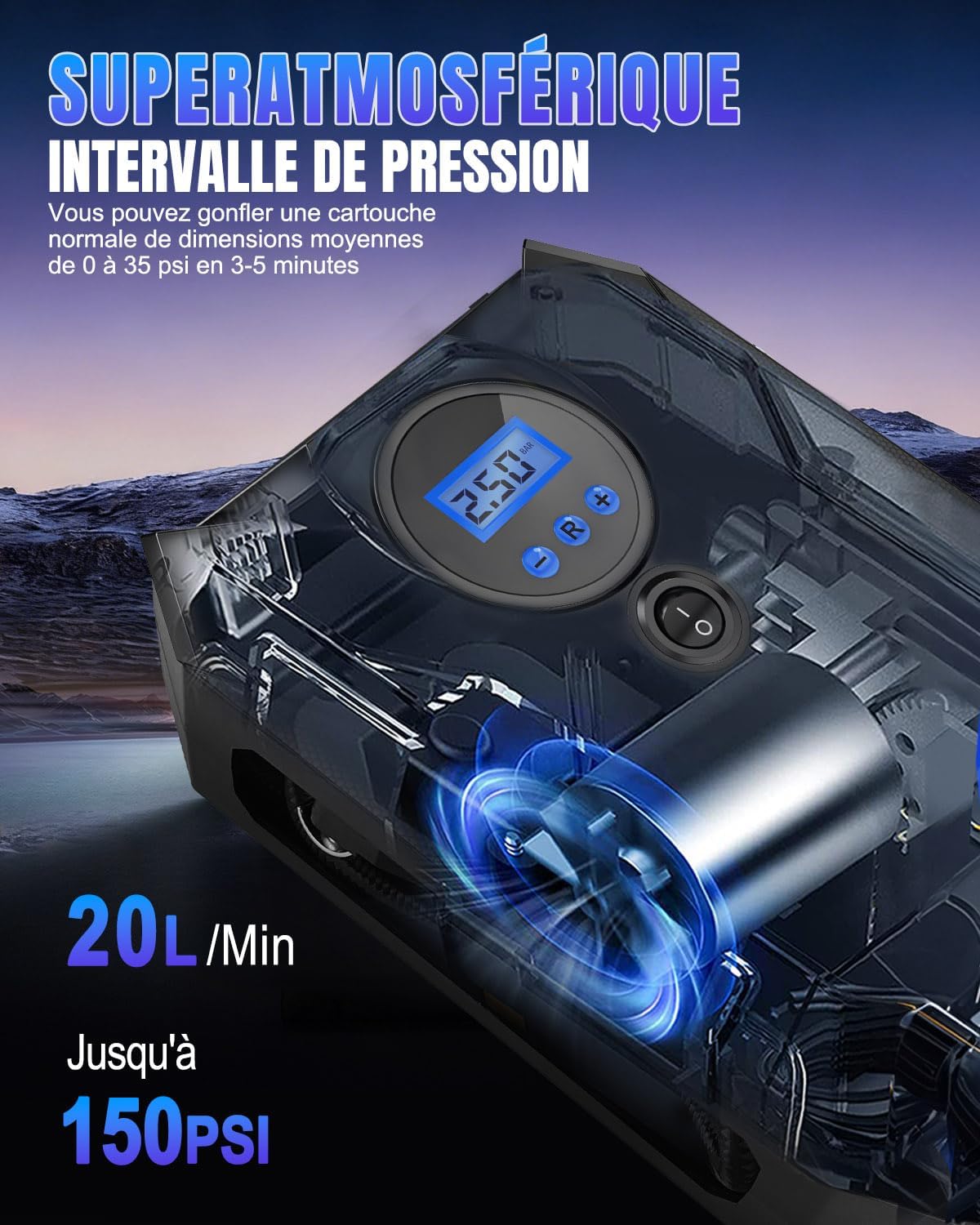 Detalle de Onalix Gonfleur Pneus Voiture Portable 12V – Gonflage rapide avec écran LCD et arrêt automatique (Bleu)