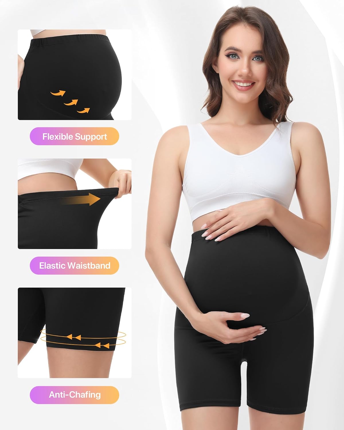 Detalle de SIMIYA Maternity Shorts Over Bump Adjustable Waist – High Waisted Anti-Chafing Yoga Shorts