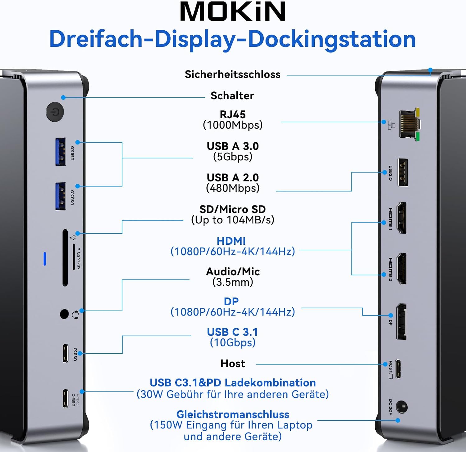 Detalle 2 de USB C Docking Station 3 Monitors 150W