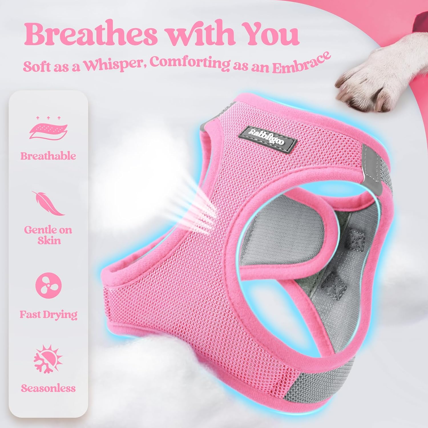 Thumbnail 2 de rabbitgoo Dog Harness & Leash Set (Small Dogs, M) – Step-in soft mesh with reflective strips in Pink & Gray