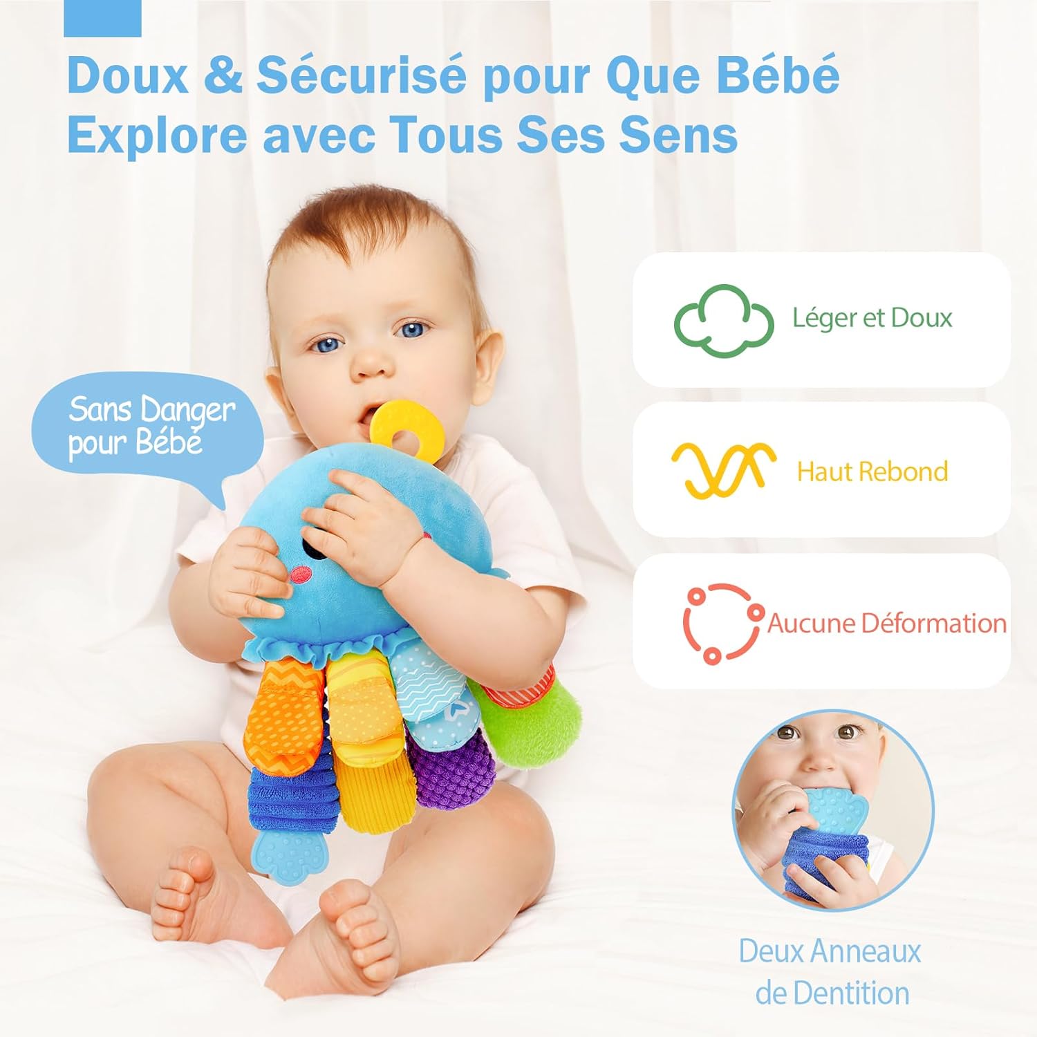 Thumbnail 5 de hahaland Jouet bébé d’éveil 0-3/6 mois : pieuvre sensorielle avec anneau de dentition, miroir et jouets tummy time