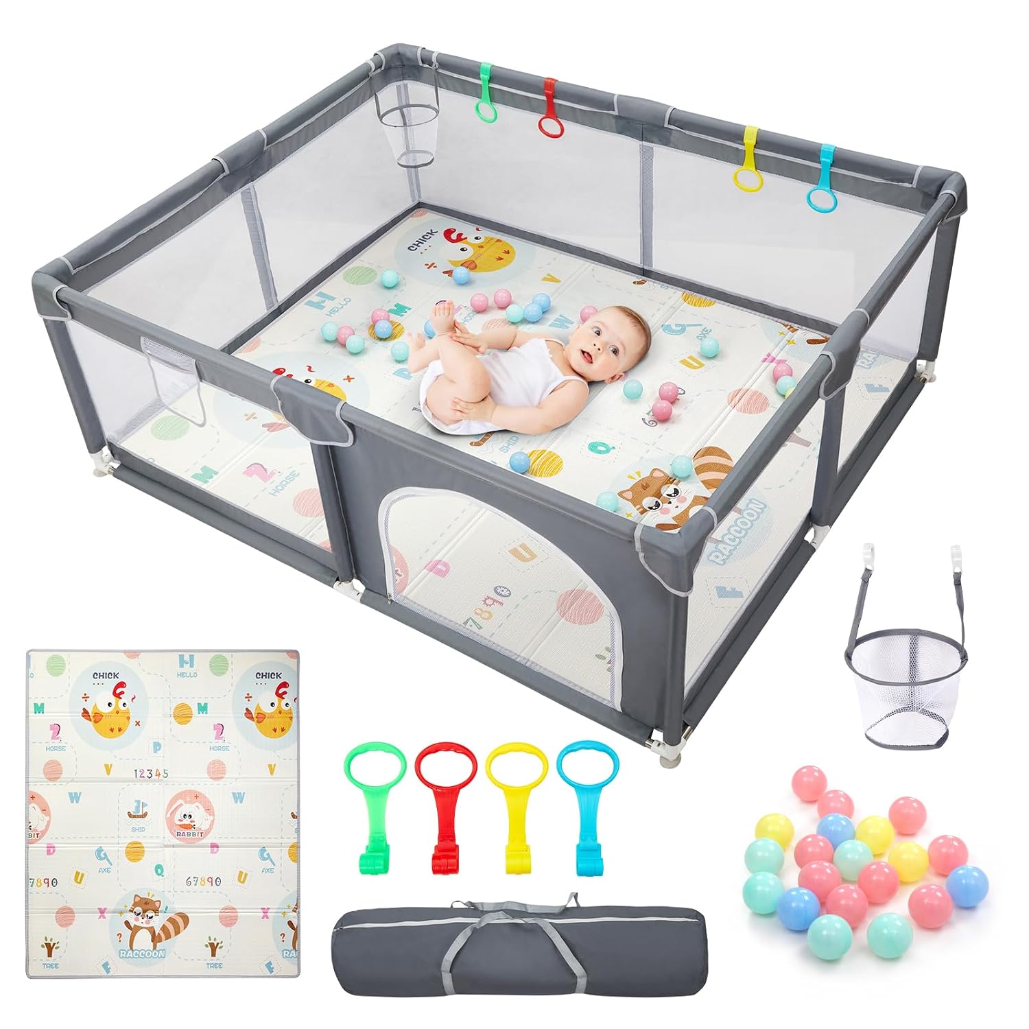 Thumbnail 6 de CHOLY Baby Laufstall 128 × 128 cm Dunkelgrau