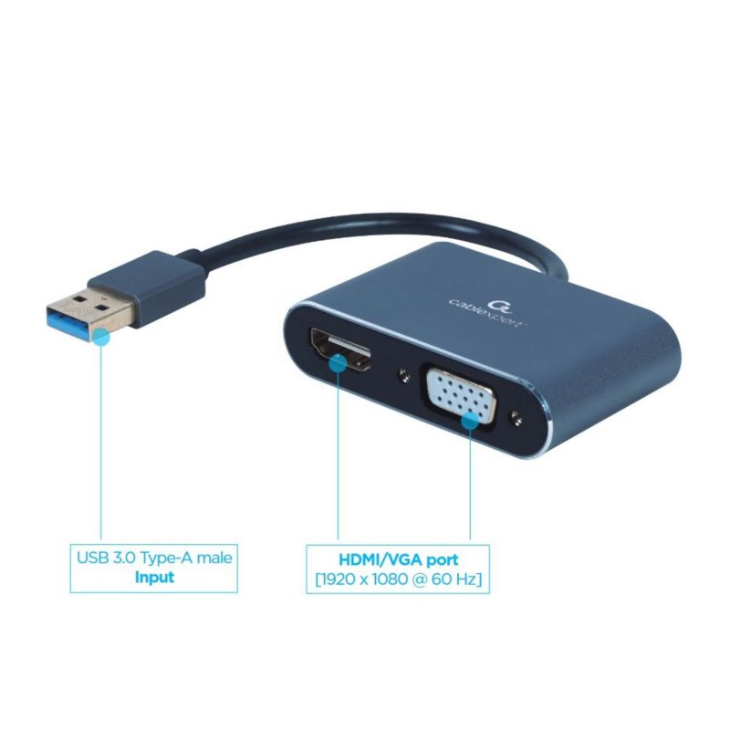 Detalle 1 de Adaptador de vídeo USB 3.0 a HDMI y VGA Gembird A-USB3-HDMIVGA-01 – 1080p, gris