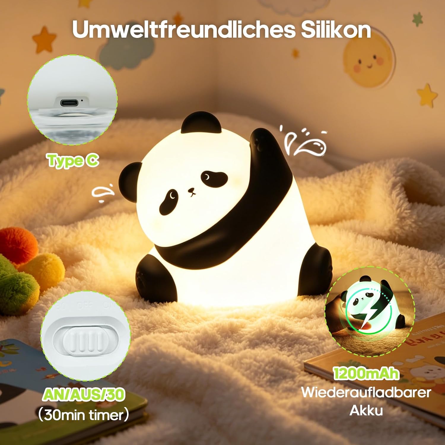 Thumbnail 1 de GOODEA Nachtlicht Kinder – Panda aus Silikon, klopfbar, dimmbar & USB-Aufladbar