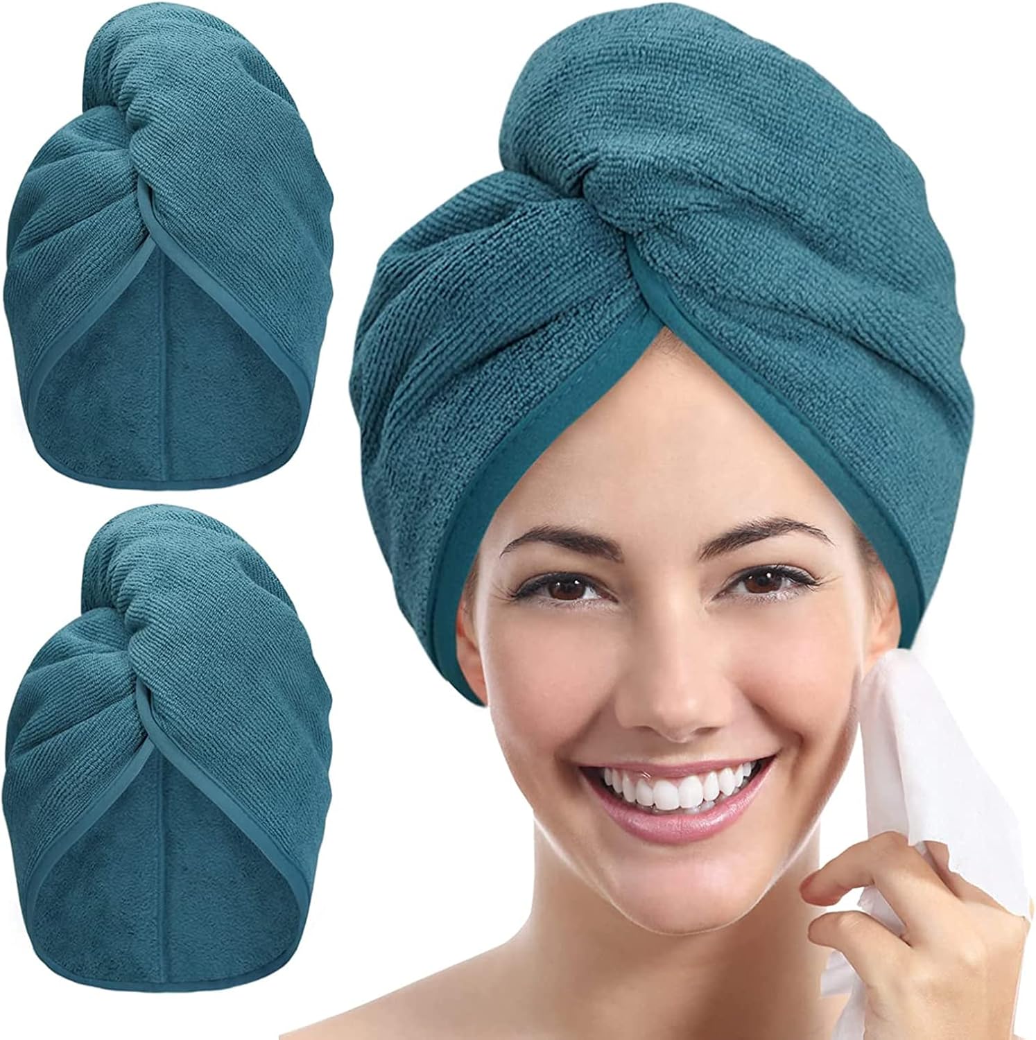 Detalle de YoulerTex Mikrofaser Handtuch Haare Turban (2er-Set) – Schnell trocknendes Haarhandtuch mit Knopf für lange Locken