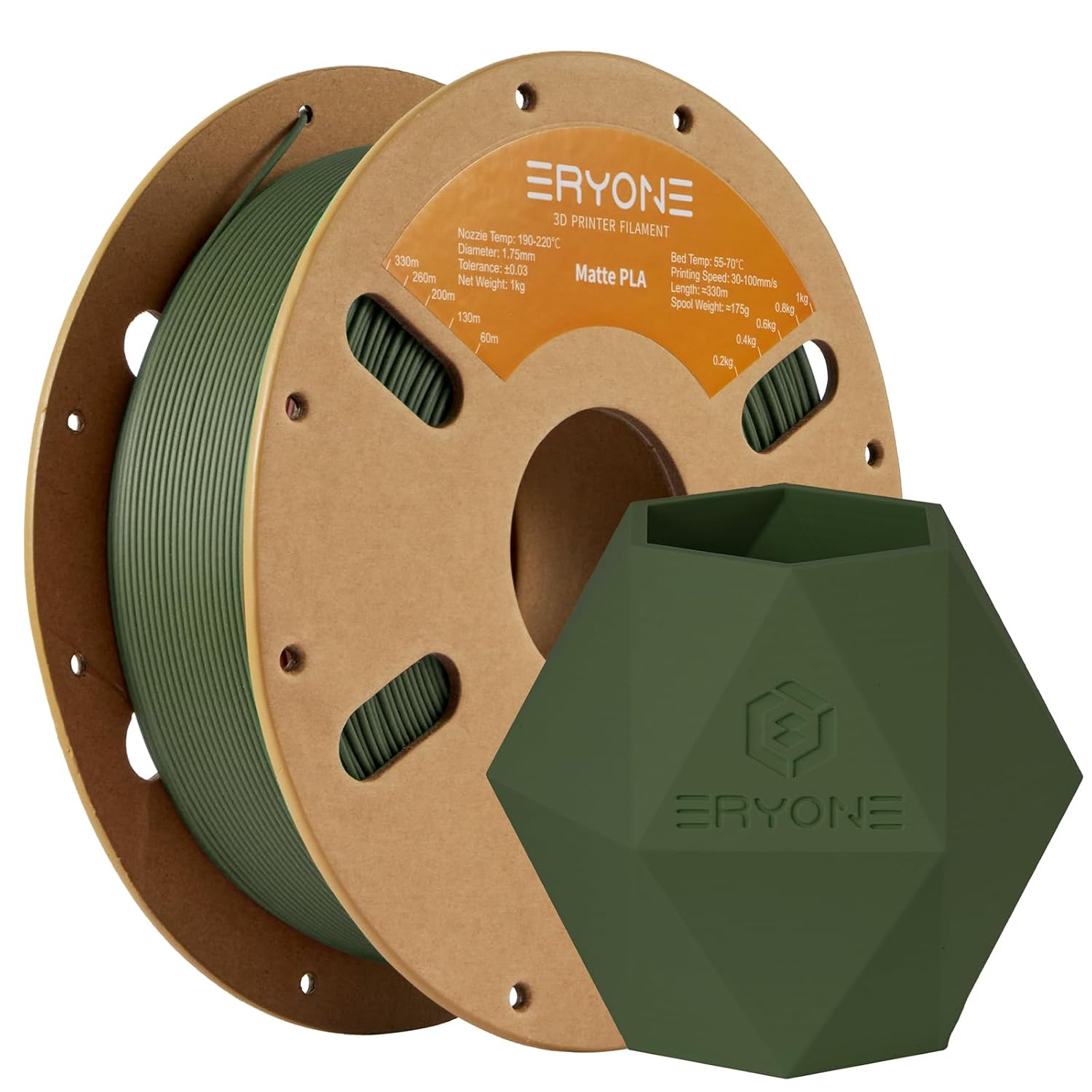 ERYONE Matte PLA Filament 1.75mm (Matte Olive Green) – 1kg spool, +/-0.03mm