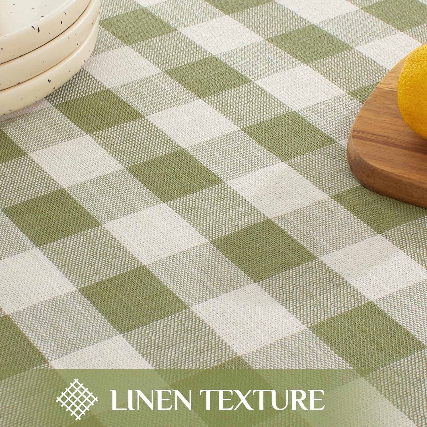 Thumbnail 5 de Softalker Outdoor Checkered Tablecloth with Tassels – 55 x 84 Inch Linen-Cotton Gingham (Sage) for 6-Foot Rectangular Tables