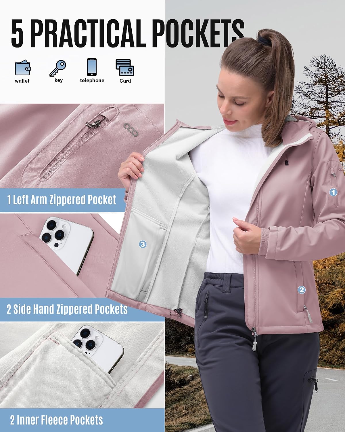 Detalle de 33,000ft Women's Softshell Jacket, 3-Layer Fleece Lining and Adjustable Hood