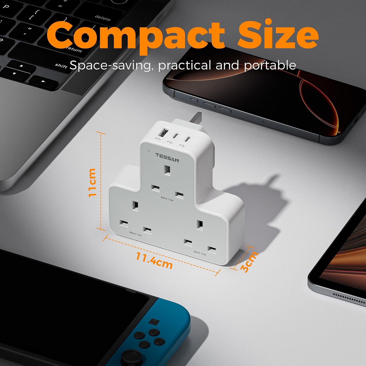 Detalle de TESSAN 3 Way Plug Adapter UK with 3 USB Ports – Multiplug Socket and Wall Extender