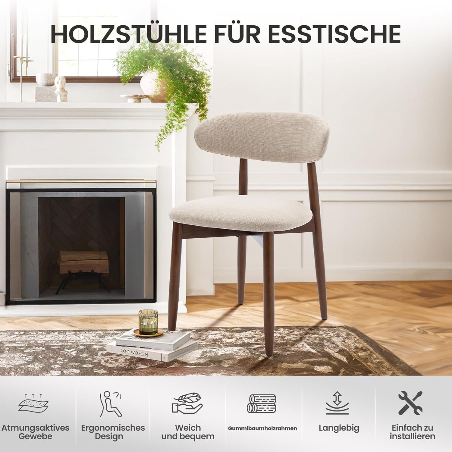 Detalle de COLAMY Küchenstuhl 2er Set – Moderner Polsterstuhl mit fester Rückenlehne, Beige, Holzbein