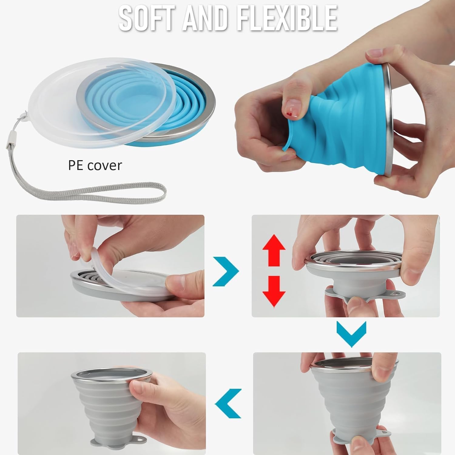 Detalle 2 de ddLUCK Silicone Foldable Cup (2 Pack) BPA Free Collapsible Travel Mugs with Sealing Lid