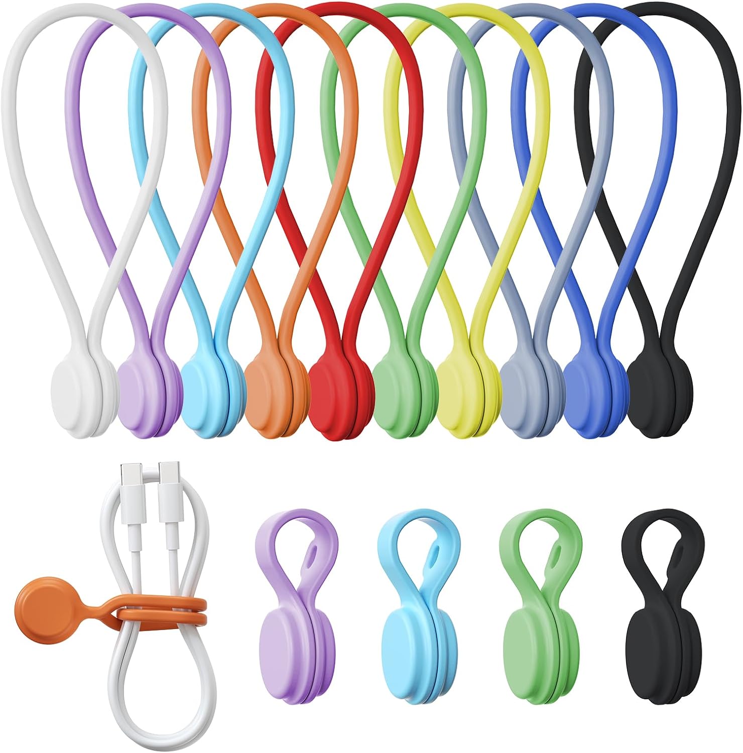 Detalle de Reusable Silicone Magnetic Cable Ties – 14-Pack (2 Sizes) for Cable Bundling and More