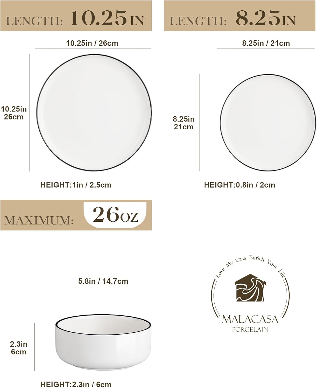 Thumbnail 1 de MALACASA Luna 24-Piece Porcelain Dinnerware Set (Plates and Bowls for 8), White with Black Rim