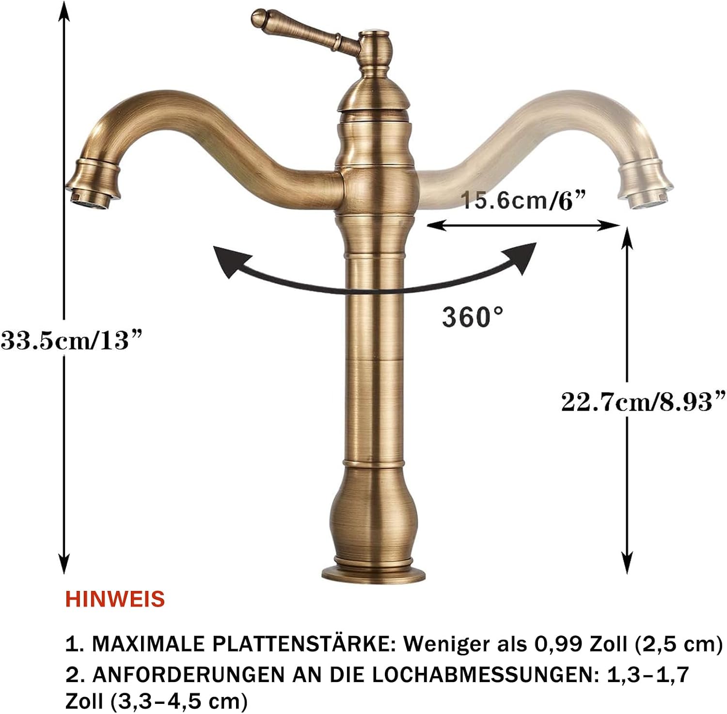 Detalle de Rozin Antique Brass Bathroom Sink Tap – Single Handle, 360° Rotable Spout, Deck Mounted Mixer