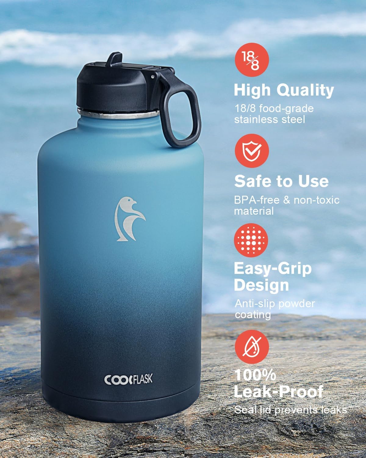 Detalle de Coolflask Long-lasting Insulated Water Bottle, 87 oz, Three Lids, Samurai Cyan