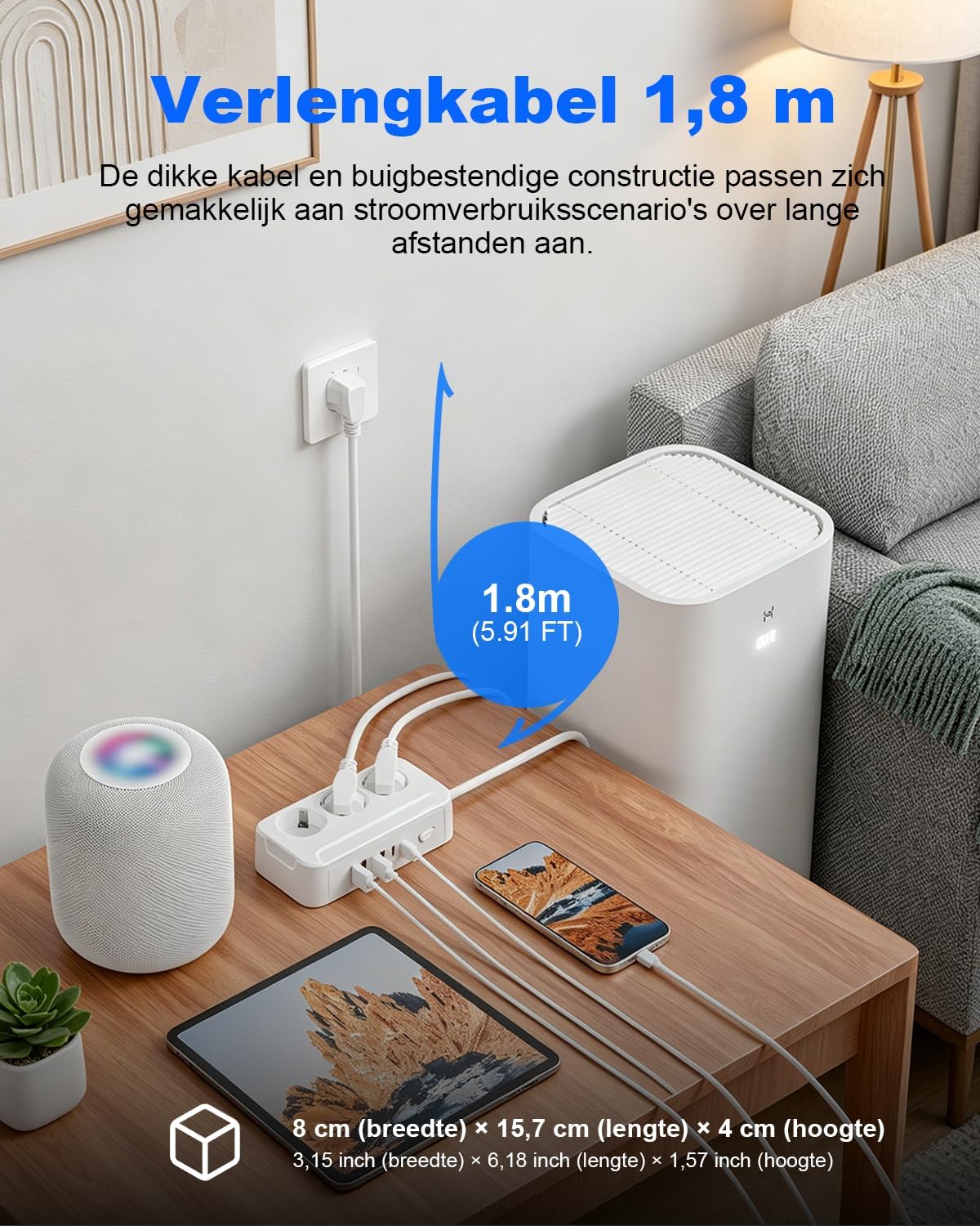 Detalle de Jonurphy USB-C stekkerdoos met 3 stopcontacten, 6 USB-poorten en 1,8 m kabel