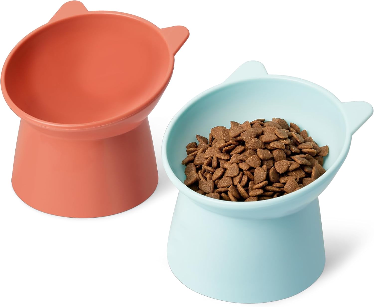 Detalle de Amazon Basics Katzenfutternäpfe im Katzenohren-Design, 2er-Set (orange/blau) – 13,2 × 13,2 × 11,4 cm
