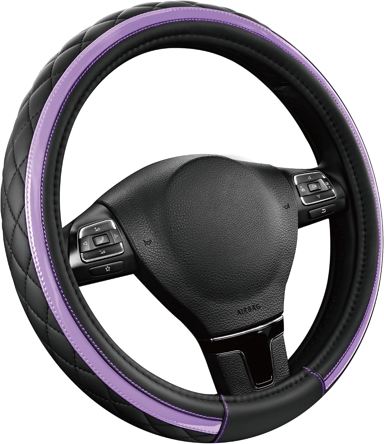 Thumbnail 1 de Road Comforts Leather Steering Wheel Cover – Black & Purple (14.5–15 Inch Universal Fit)
