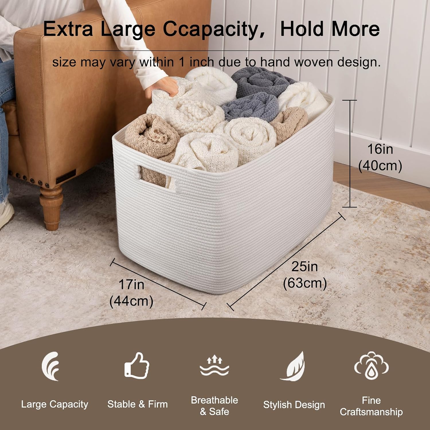 Detalle de OIAHOMY FSB-A-C-110L XXXLarge Cotton Rope Storage Basket, 118L, White