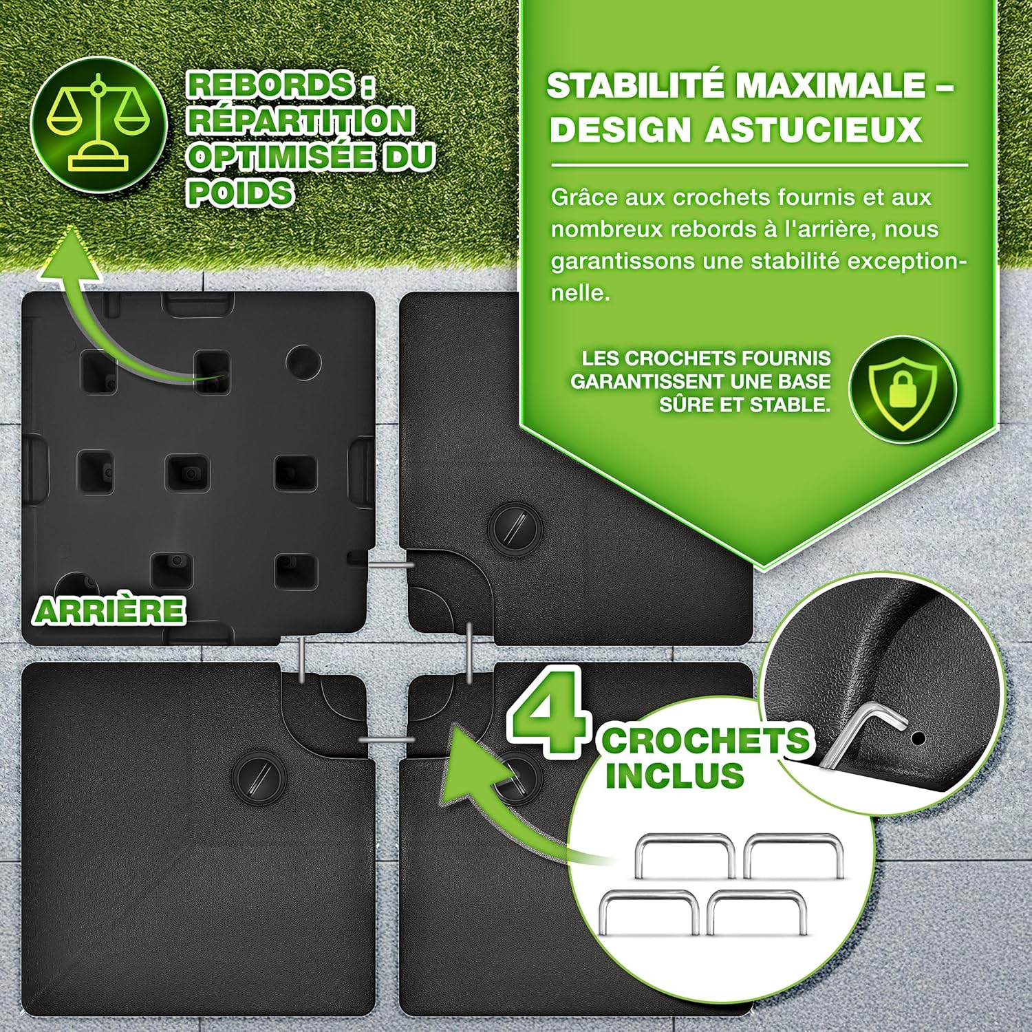 Thumbnail 4 de tillvex Lestage & Dalles Carrées pour Parasol Déporté – Base à remplir 90 L d’eau / 120 kg de sable, 4 pièces