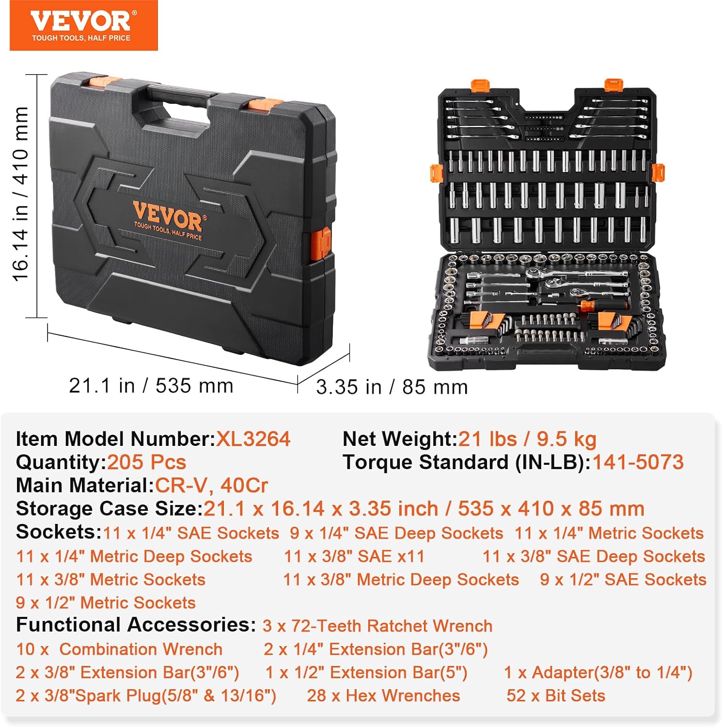 Detalle de VEVOR XL3264 Mechanics Tool Set, 205-Piece SAE & Metric, 3 Drive Sizes