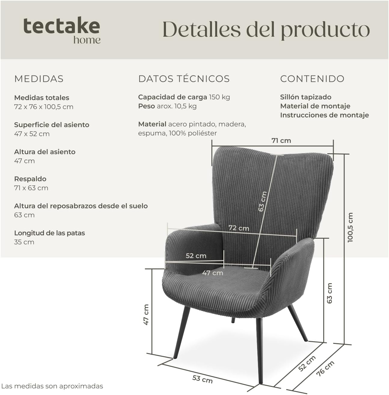 Detalle 2 de tectake Sillón Orejero Escandinavo 150 kg