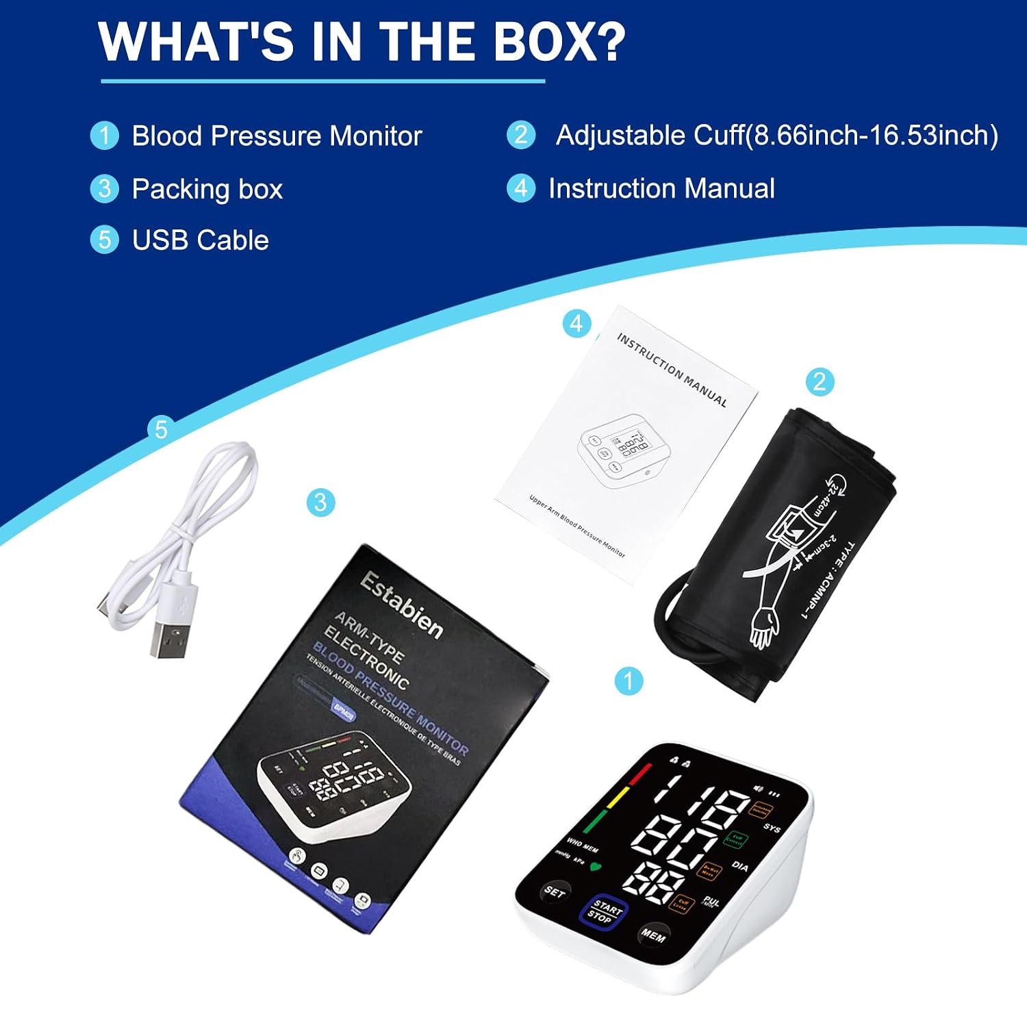 Detalle 2 de Estabien Automatic Upper Arm Blood Pressure Monitor with LED Display and Adjustable Cuff