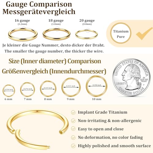 Thumbnail 4 de DAI JY Titanium Nose Ring Hoop (20G/18G/16G) with 6–10mm Inner Diameter – Gold-20g, 7mm