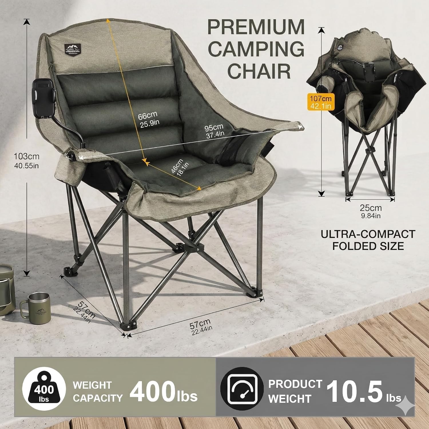 Thumbnail 2 de LANMOUNTAIN Oversized XL Folding Camping Chair: Heavy-Duty 400lb Capacity with Cup and Phone Holders