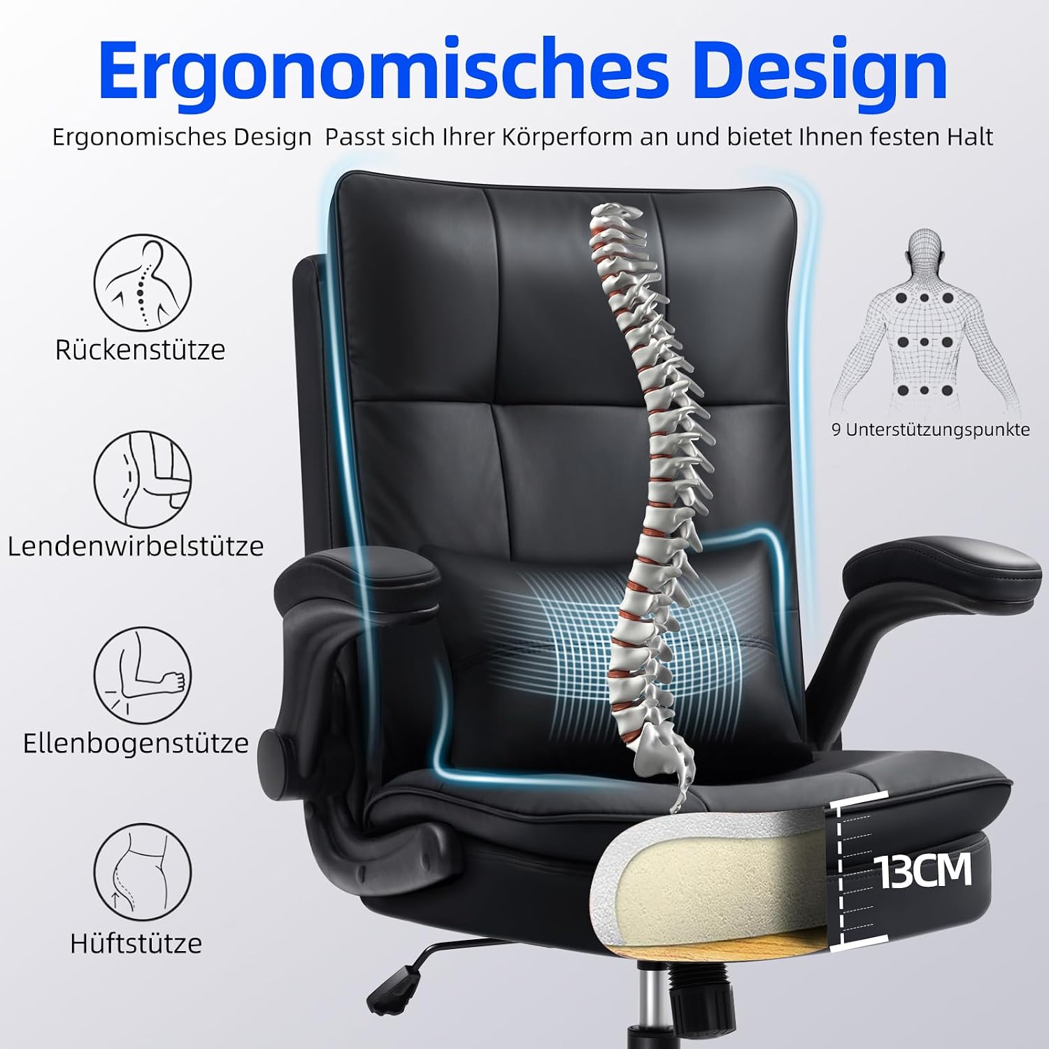 Detalle 2 de Asukale Bürostuhl Ergonomisch 150 kg, Schwarz