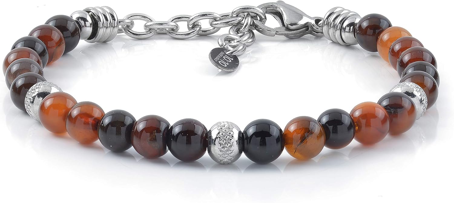 Detalle de Bracciale 10:10 con pietre naturali agata blood da 6 mm, beads in acciaio inox – 21 cm, prodotto in Italia