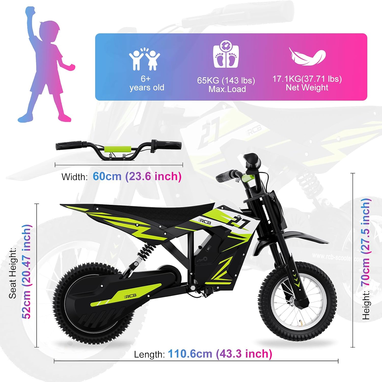 Detalle de RCB R9X Electric Motorcycle Kids (12-inch), 3 Speed Modes, 5.2Ah Battery, 15.5 mph, Green