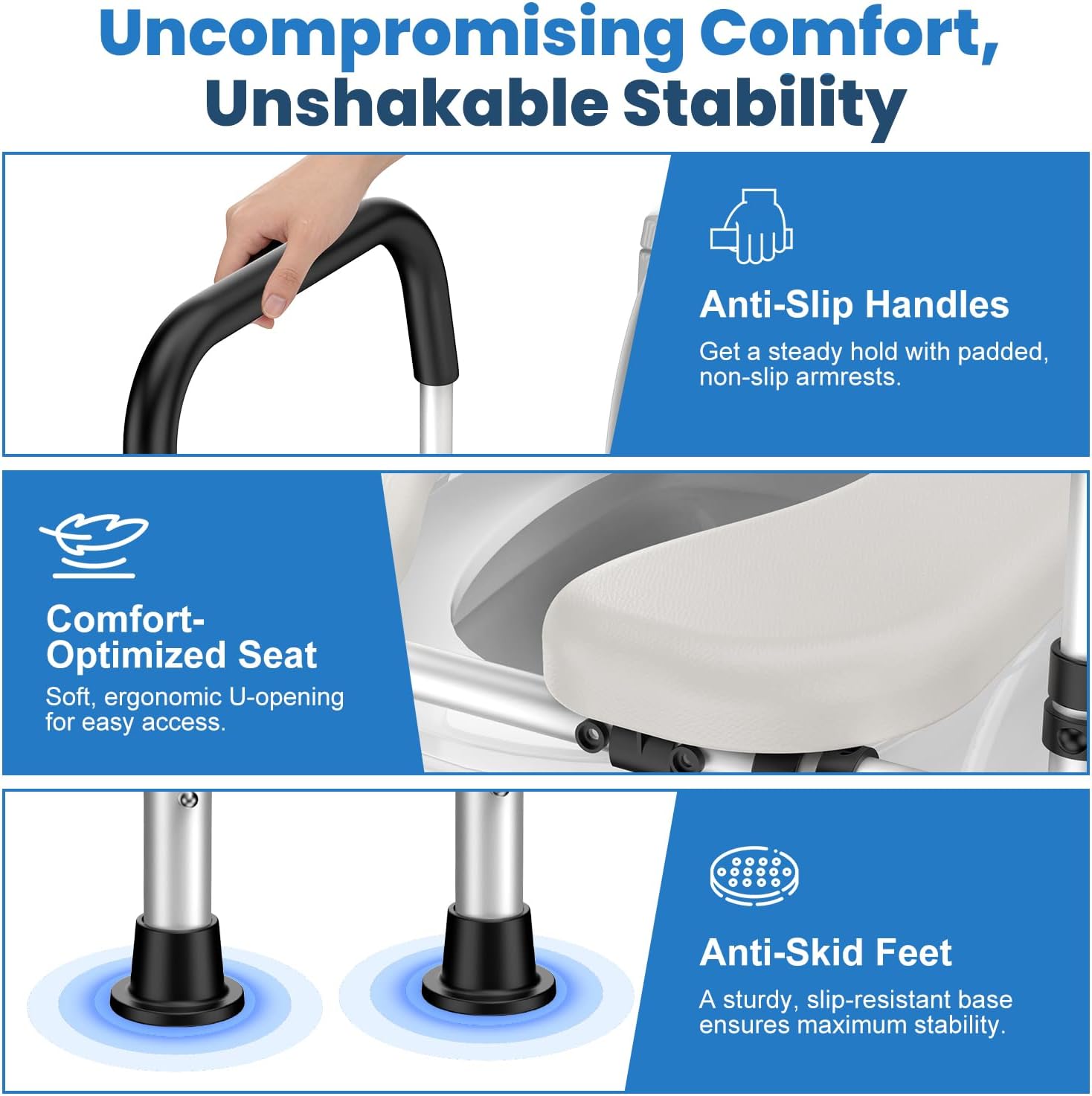Detalle 2 de JIYUZEST Adjustable Raised Toilet Seat with Handles, Padded, 400 lb Capacity