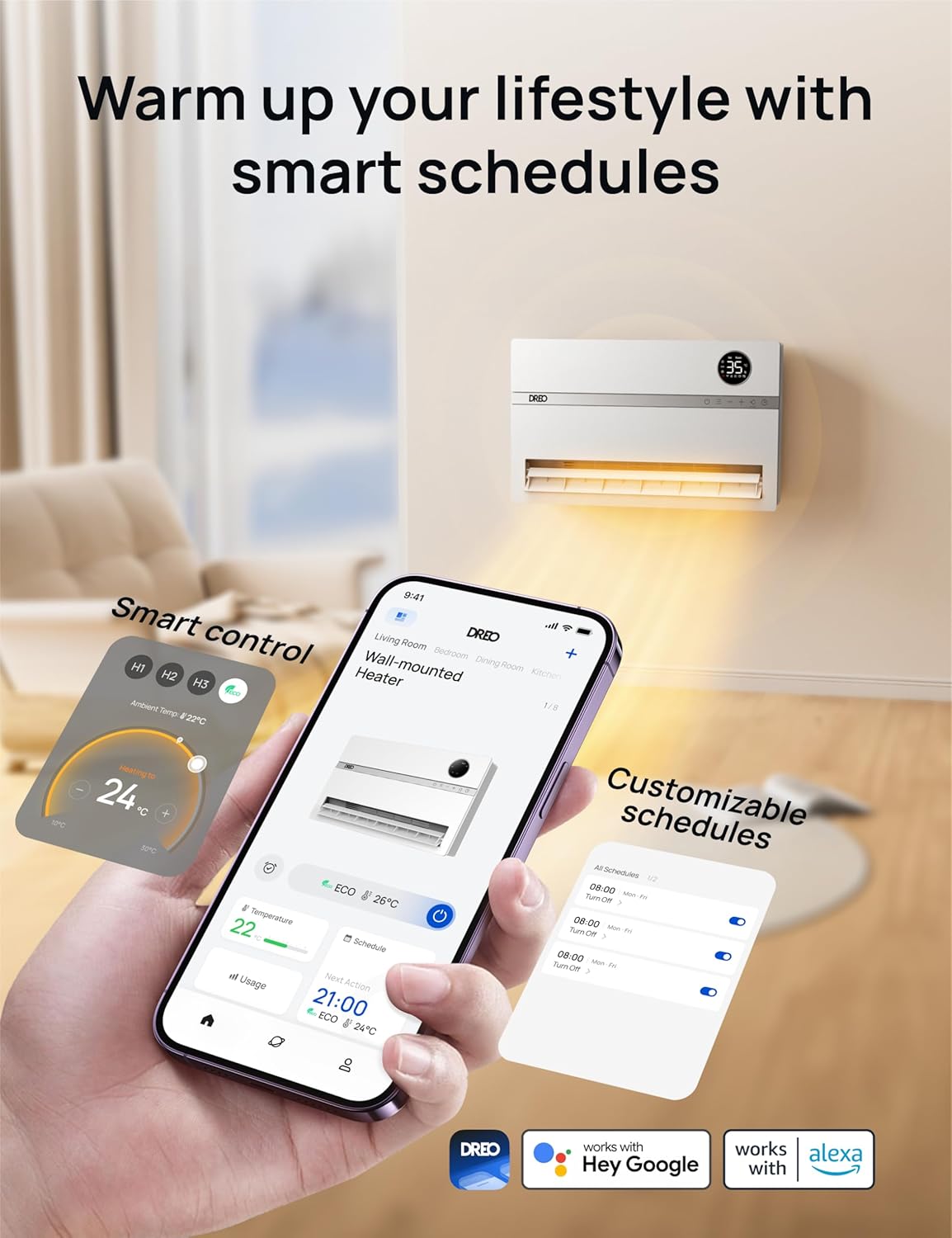 Detalle de Dreo WH719S Smart Wall Heater 120° oscillation