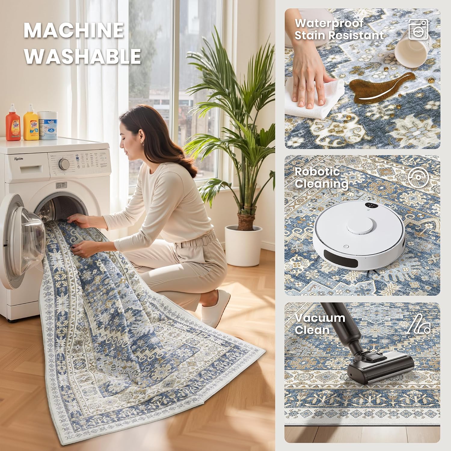 Detalle 1 de zesthome 8' x 10' Washable Area Rug, Low-Pile Microfiber, Blue/Beige