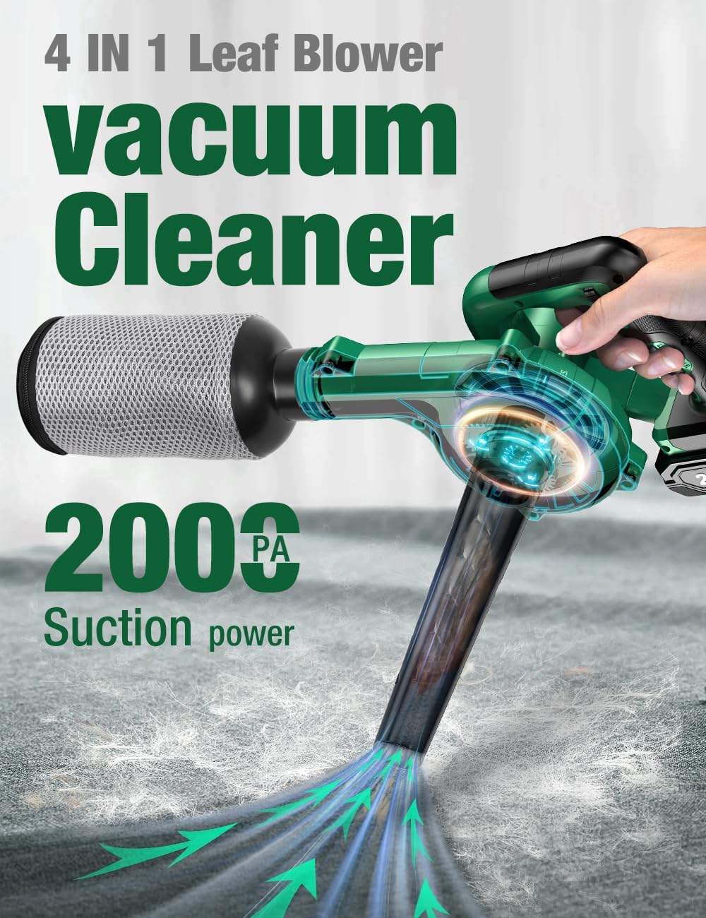Detalle 2 de K I M O Cordless Leaf Blower Vacuum Combo 4-in-1 (20000RPM, 150MPH) with 3 Nozzles & 2x2000mAh Batteries